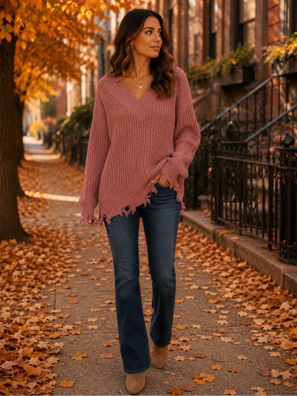 Zenana Frayed Hem Double V-neck Pink Sweater